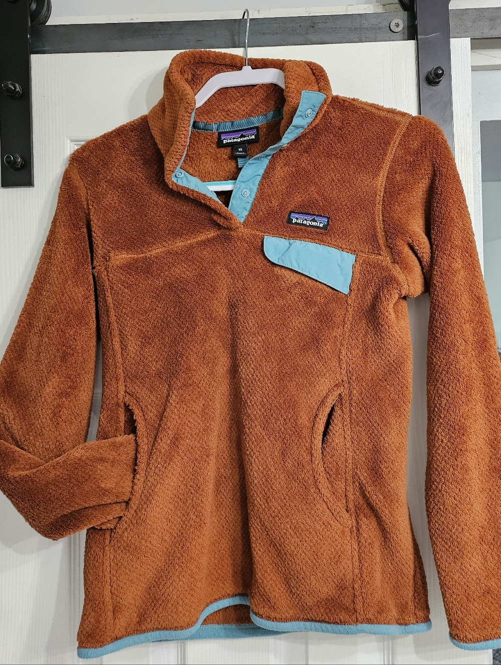 Patagonia Orange Fleece Pullover with Teal Accents